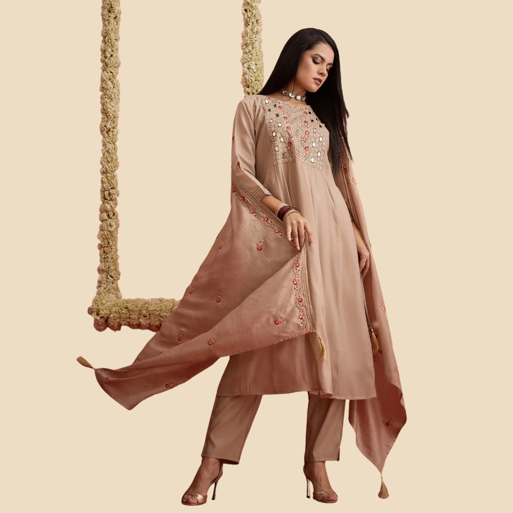 38 Solid & Embroidered Chanderi A-Line Kurta Pant Dupatta Set