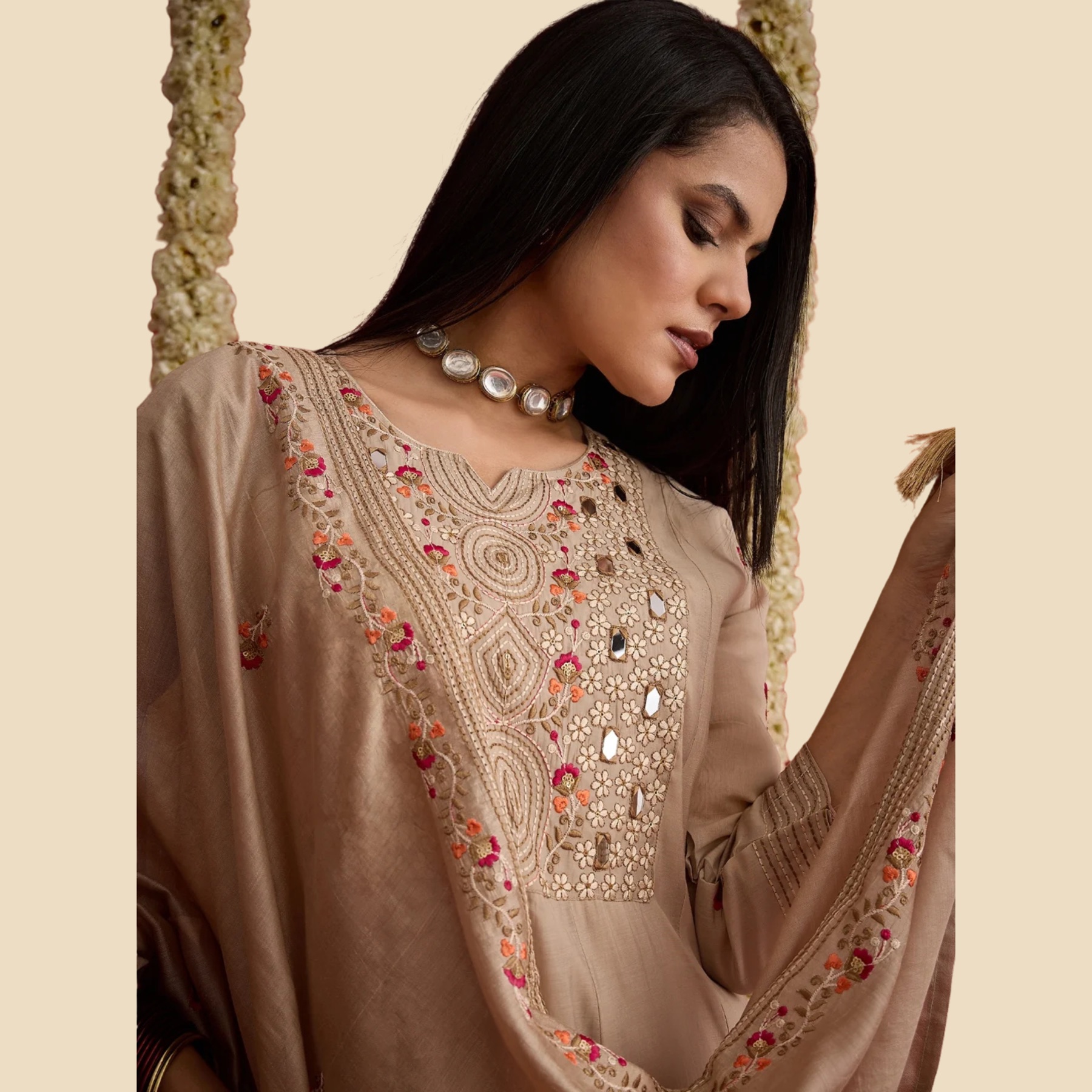 38 Solid & Embroidered Chanderi A-Line Kurta Pant Dupatta Set, view 2