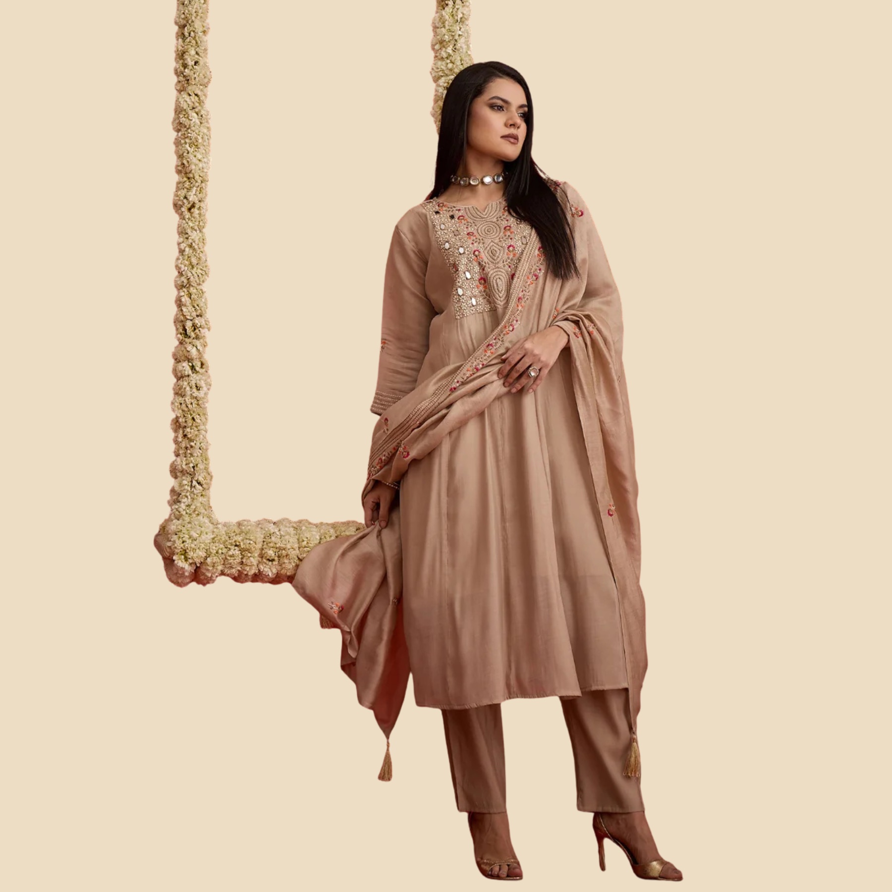 38 Solid & Embroidered Chanderi A-Line Kurta Pant Dupatta Set, view 3