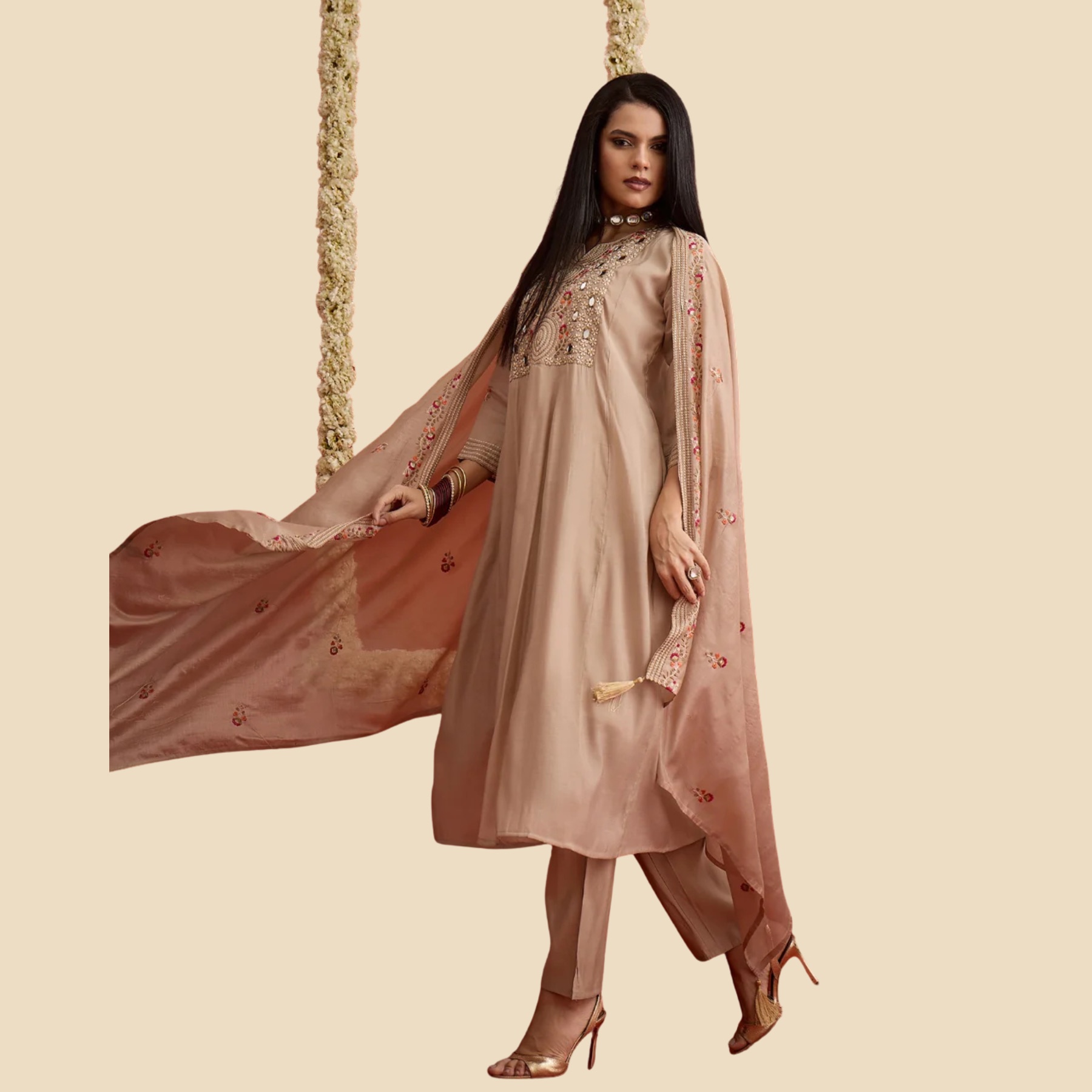 38 Solid & Embroidered Chanderi A-Line Kurta Pant Dupatta Set, view 4