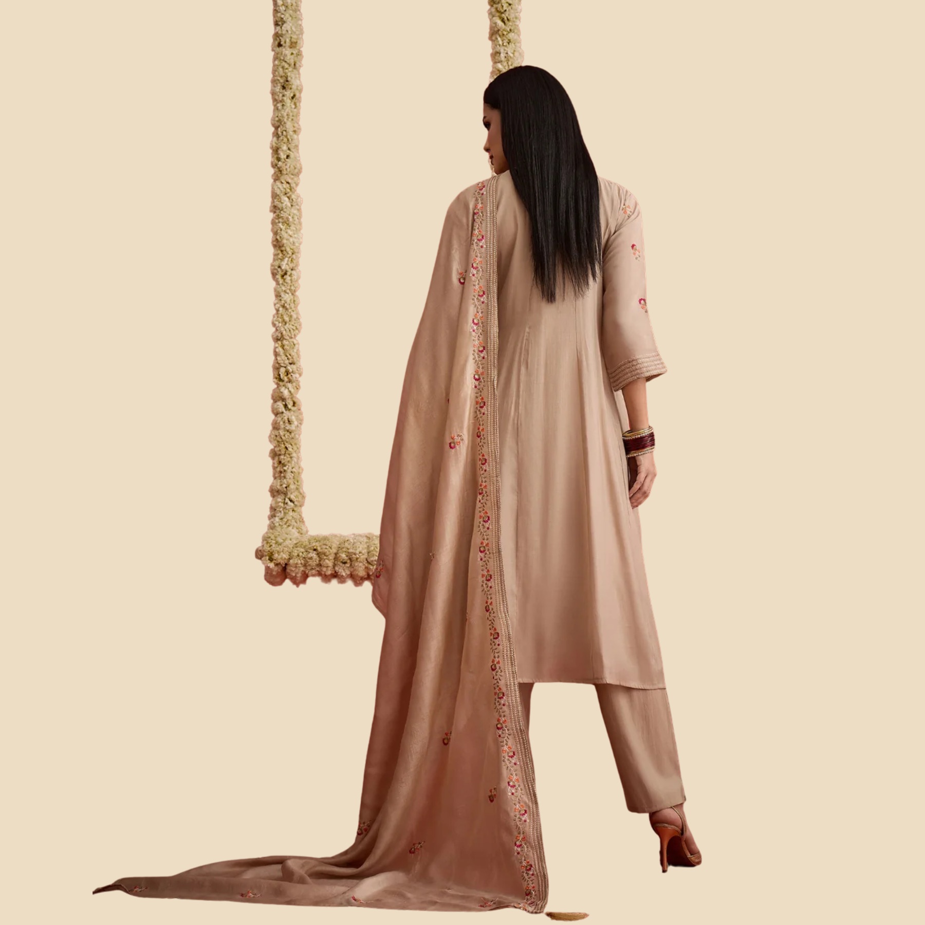 38 Solid & Embroidered Chanderi A-Line Kurta Pant Dupatta Set, view 5