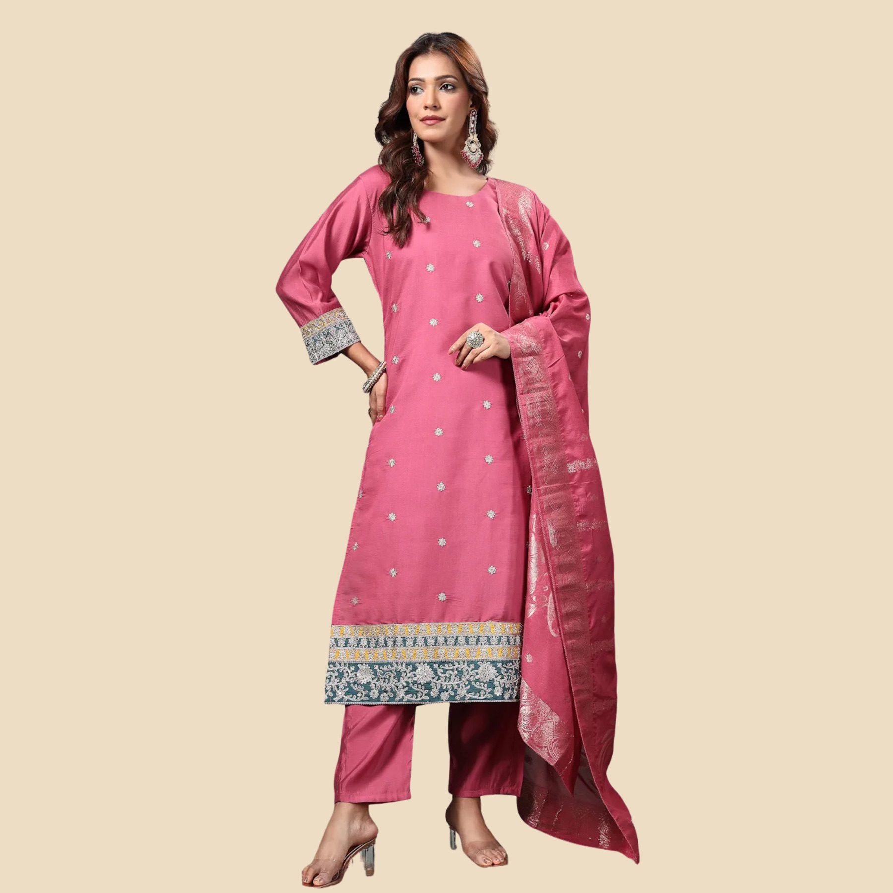 36 Pink Dori-Embroidery Straight Silk Blend Kurta Trouser Dupatta Set