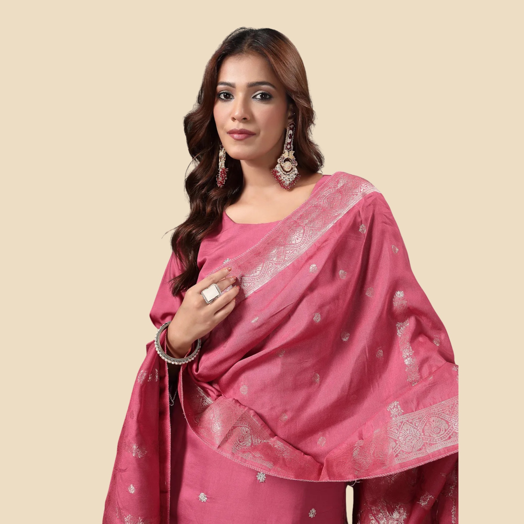 36 Pink Dori-Embroidery Straight Silk Blend Kurta Trouser Dupatta Set, view 2
