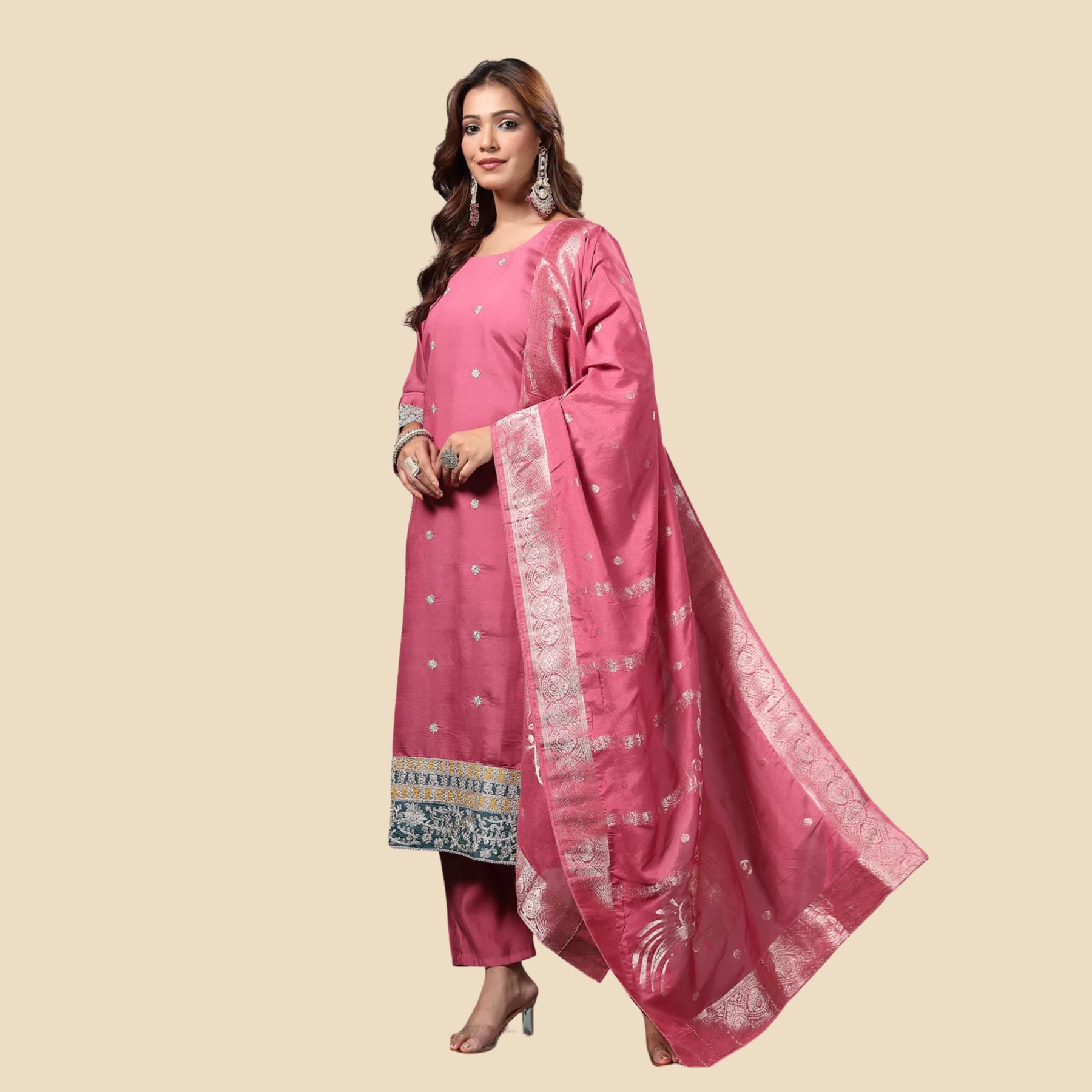 36 Pink Dori-Embroidery Straight Silk Blend Kurta Trouser Dupatta Set, view 3