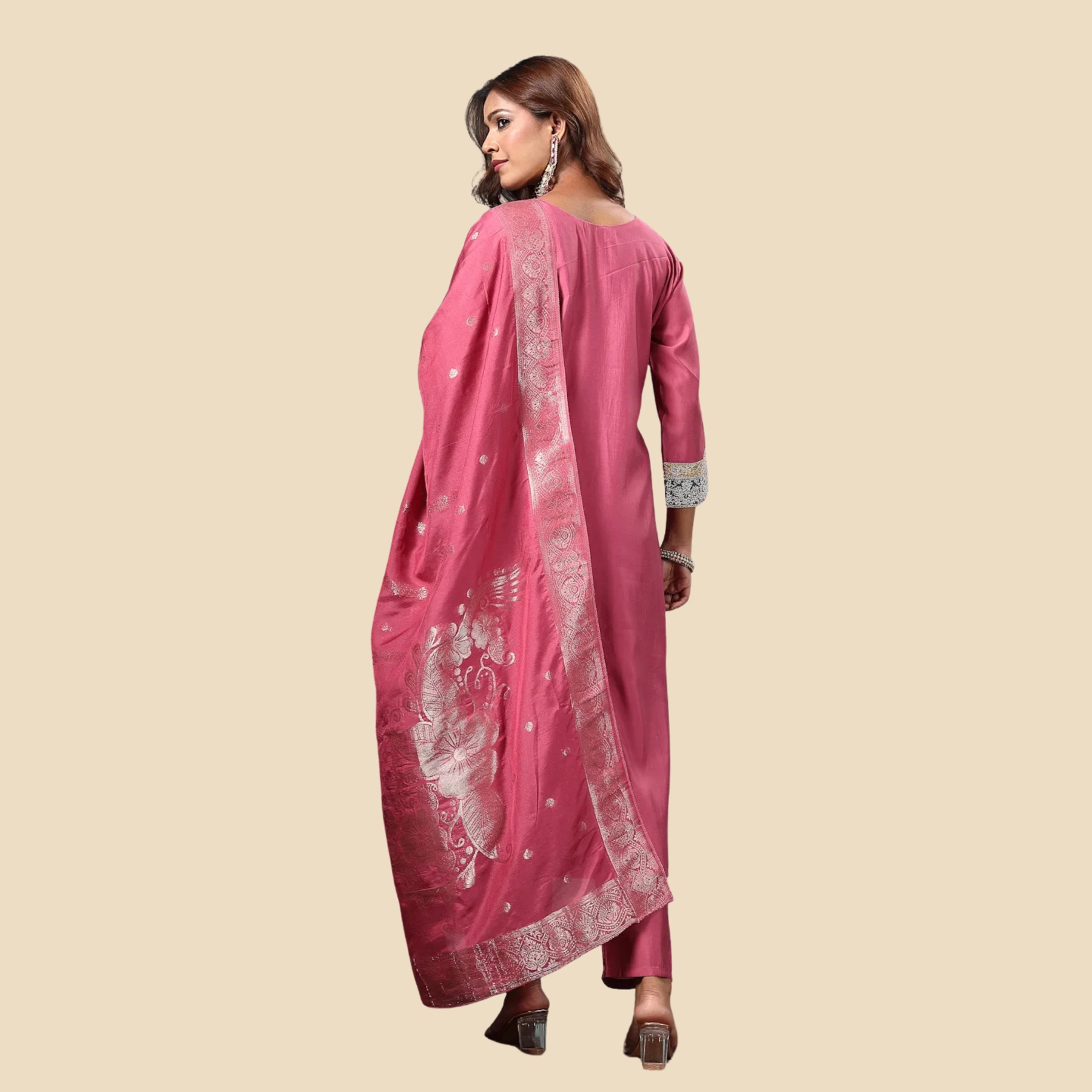36 Pink Dori-Embroidery Straight Silk Blend Kurta Trouser Dupatta Set, view 4