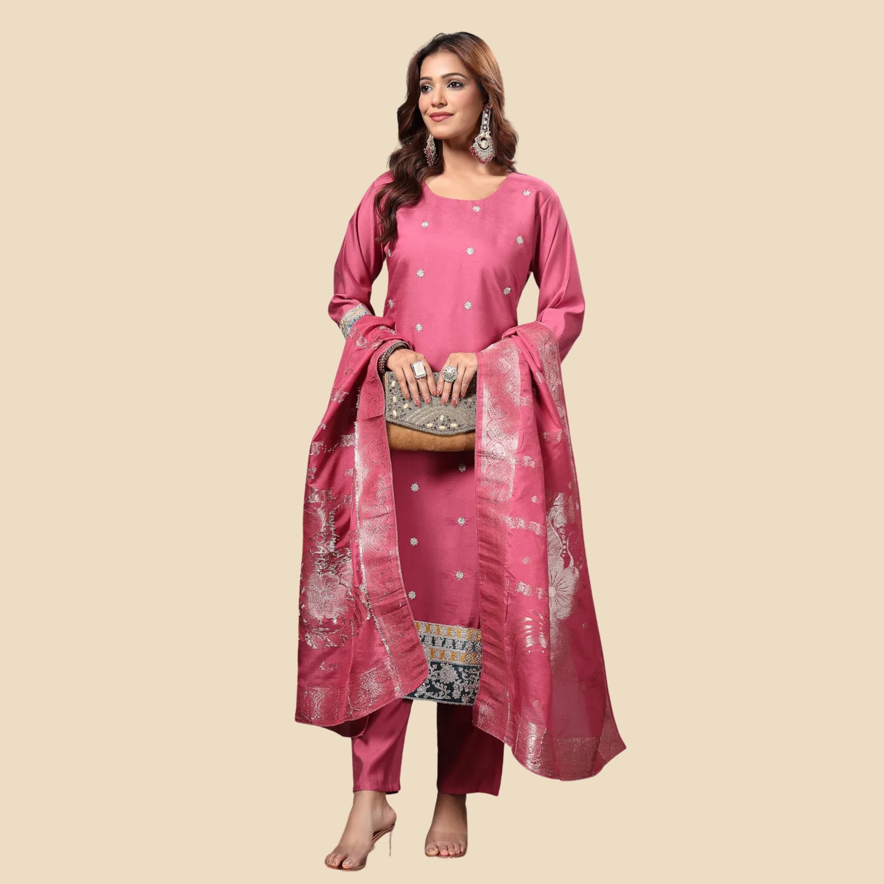 36 Pink Dori-Embroidery Straight Silk Blend Kurta Trouser Dupatta Set, view 5