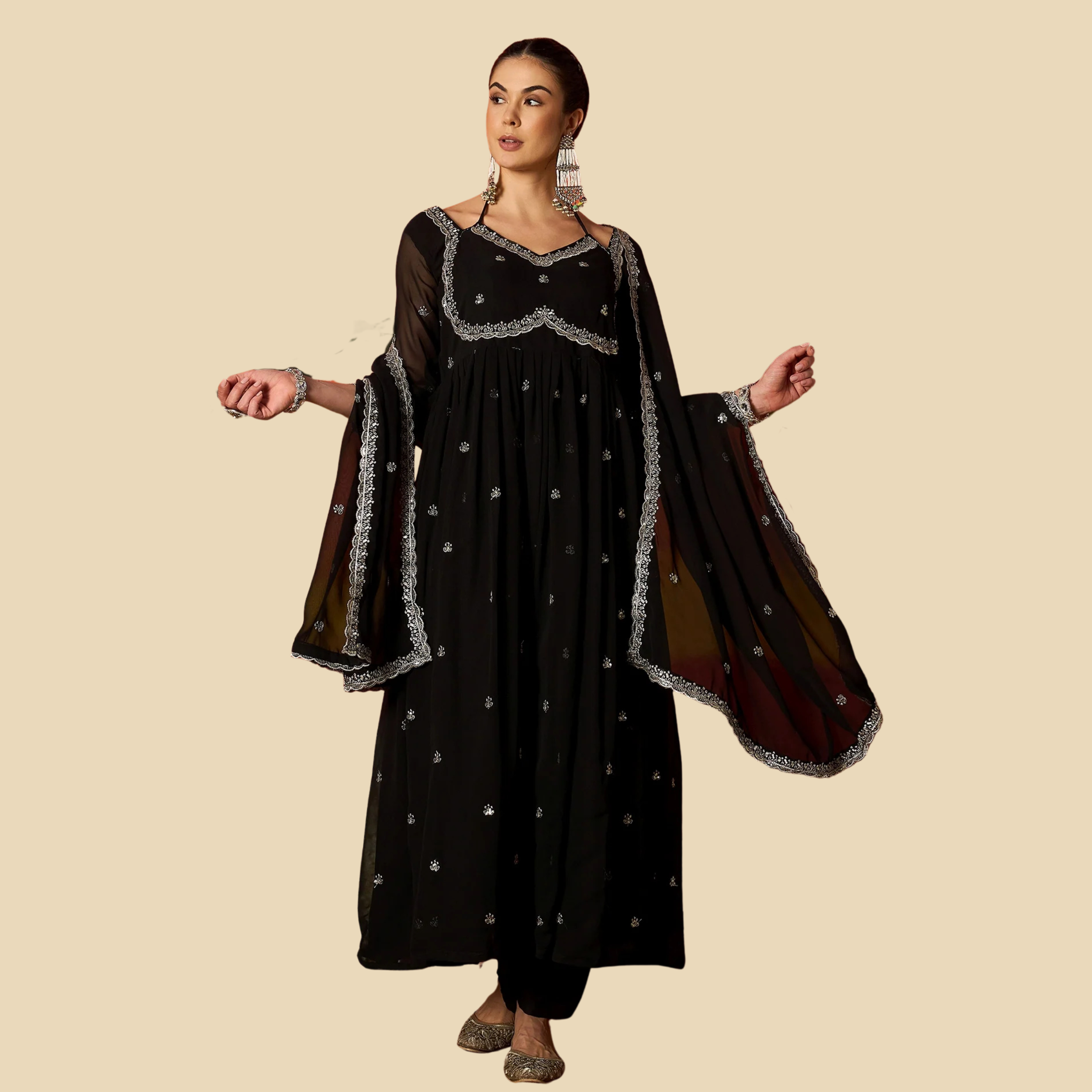 05 Solid & Embroidered Georgette Anarkali Kurta Pant With Dupatta