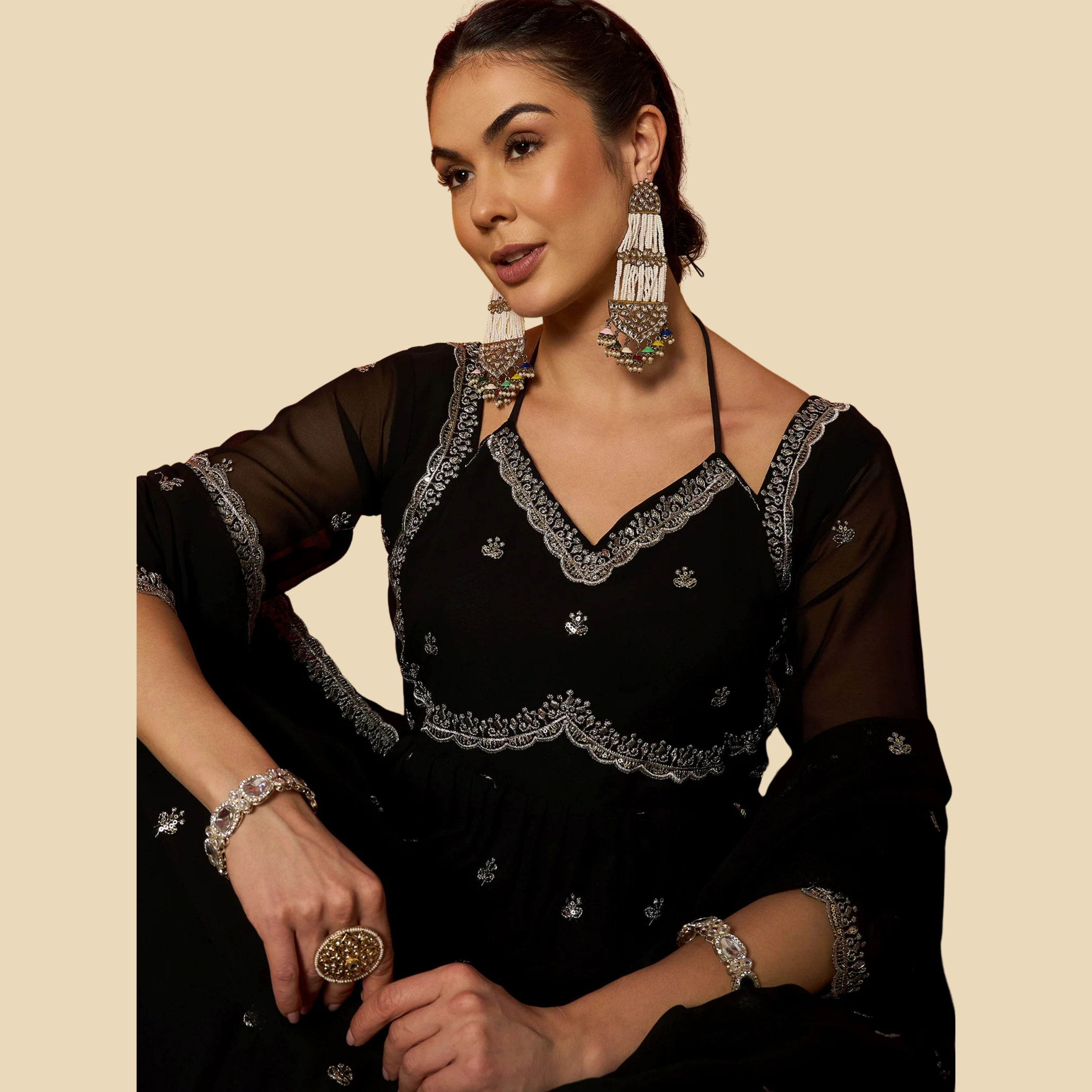 05 Solid & Embroidered Georgette Anarkali Kurta Pant With Dupatta, view 2