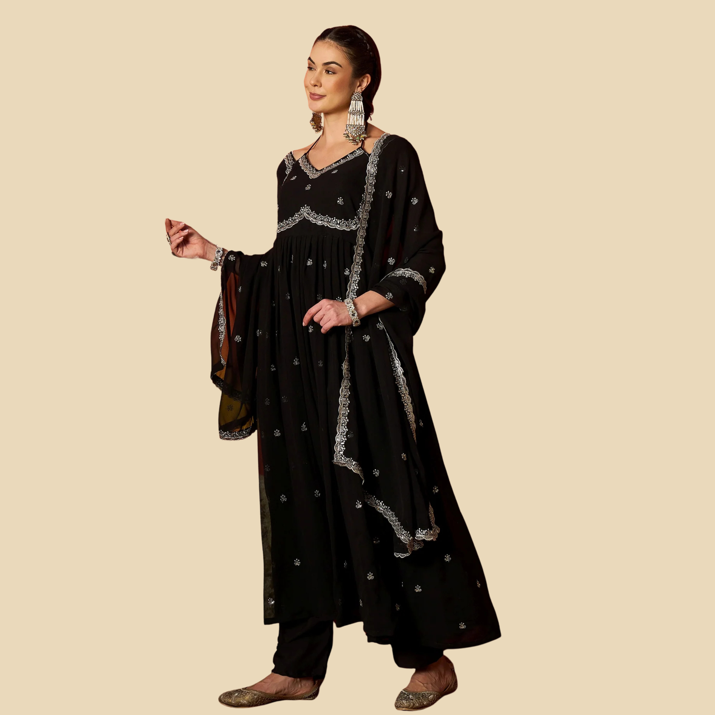 05 Solid & Embroidered Georgette Anarkali Kurta Pant With Dupatta, view 3