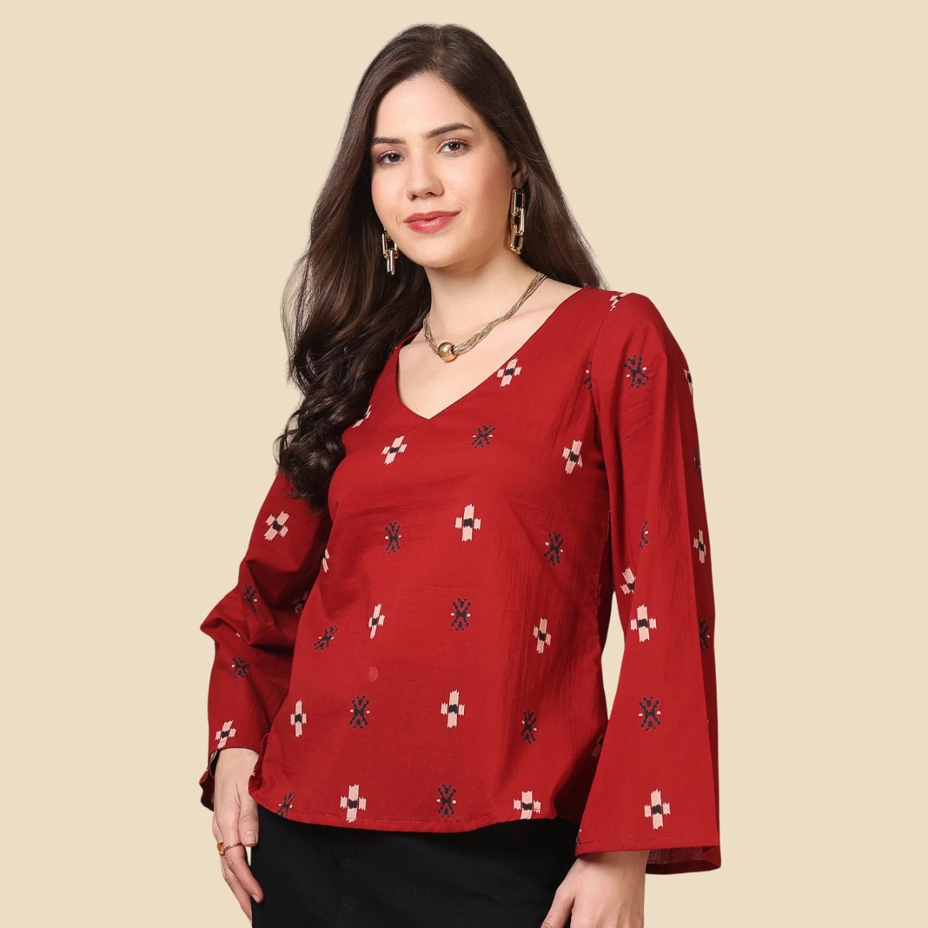 34 Printed Cotton Long Sleeves Top