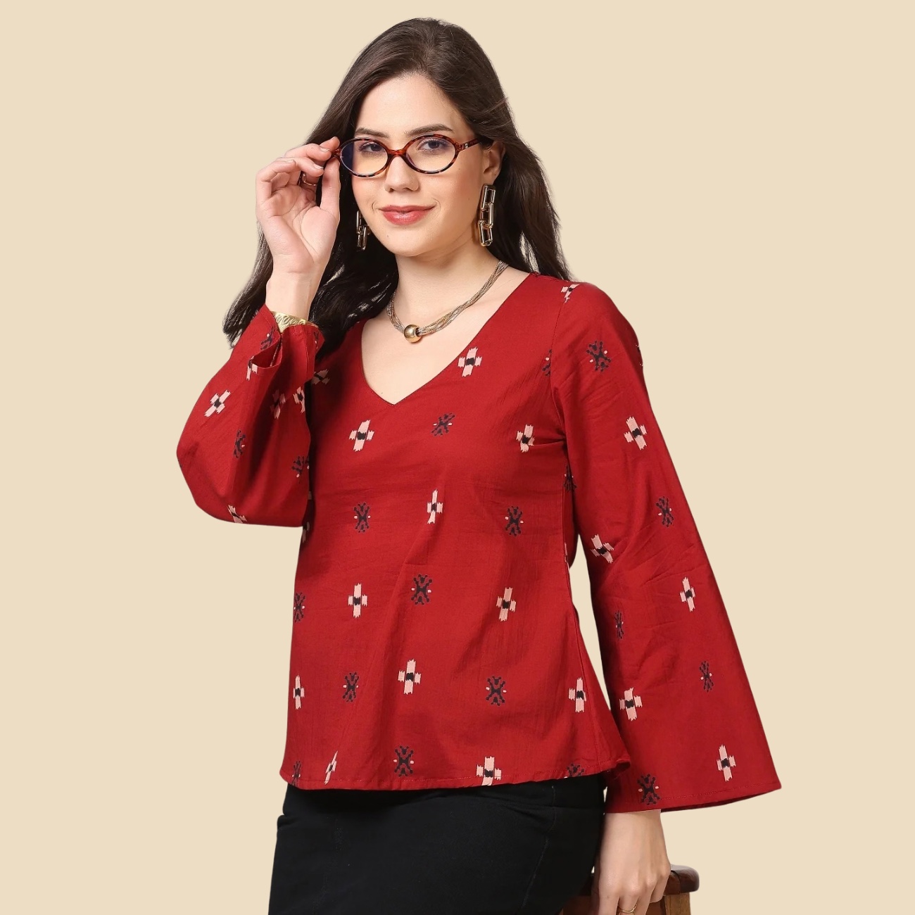 34 Printed Cotton Long Sleeves Top, view 2