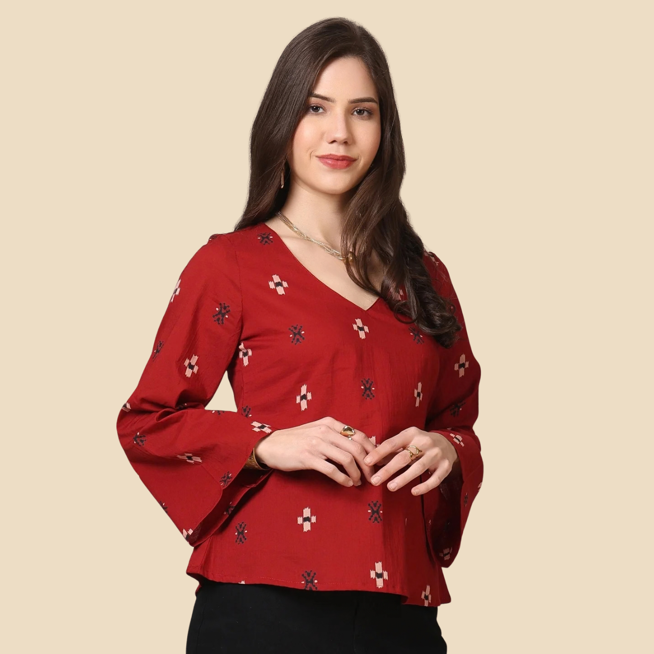 34 Printed Cotton Long Sleeves Top, view 3