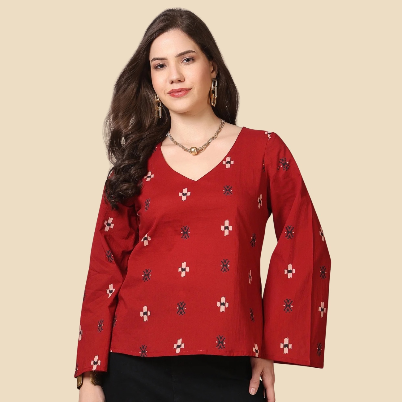 34 Printed Cotton Long Sleeves Top, view 5