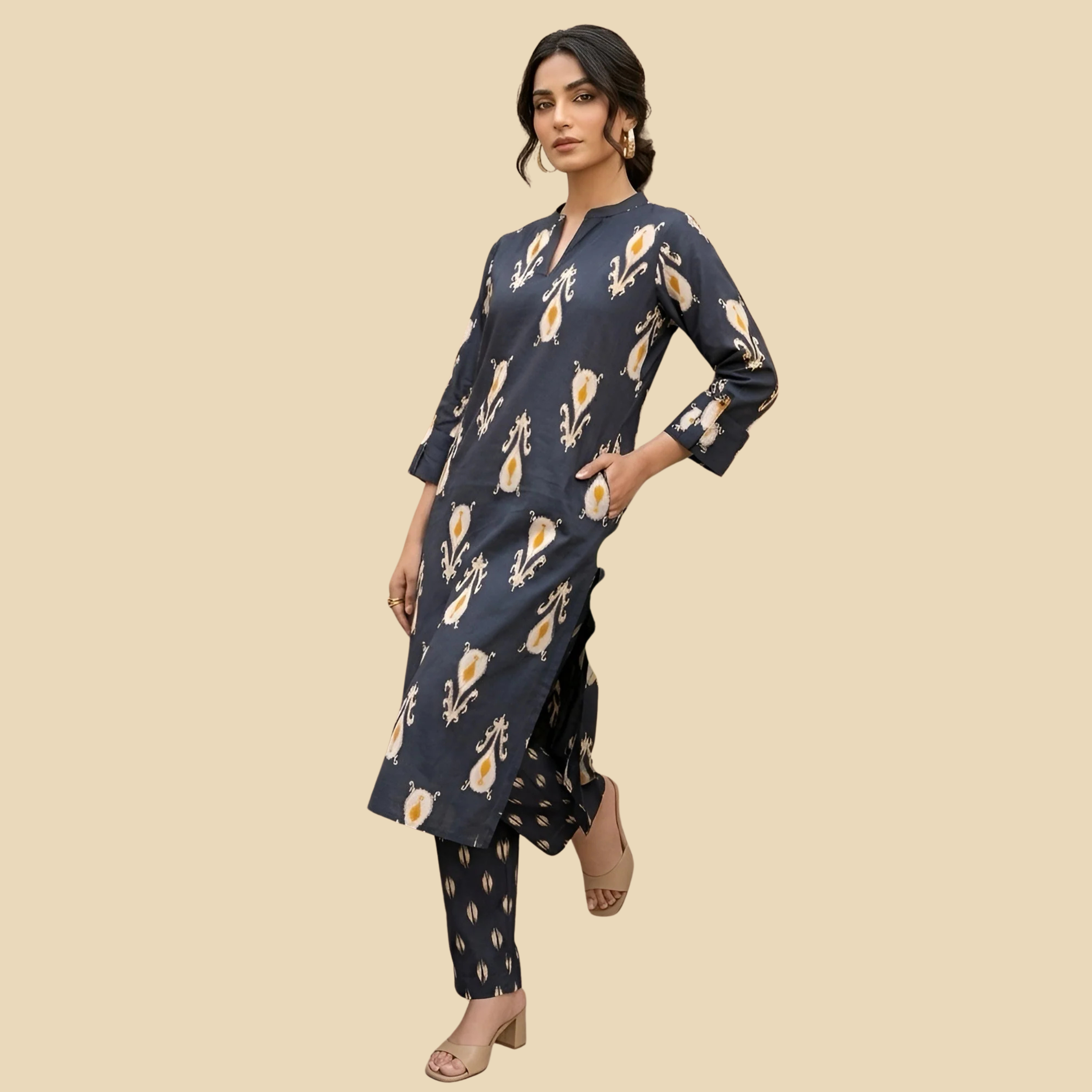 Printed Straight Kurta & Trouser Two Piece Set, view 2