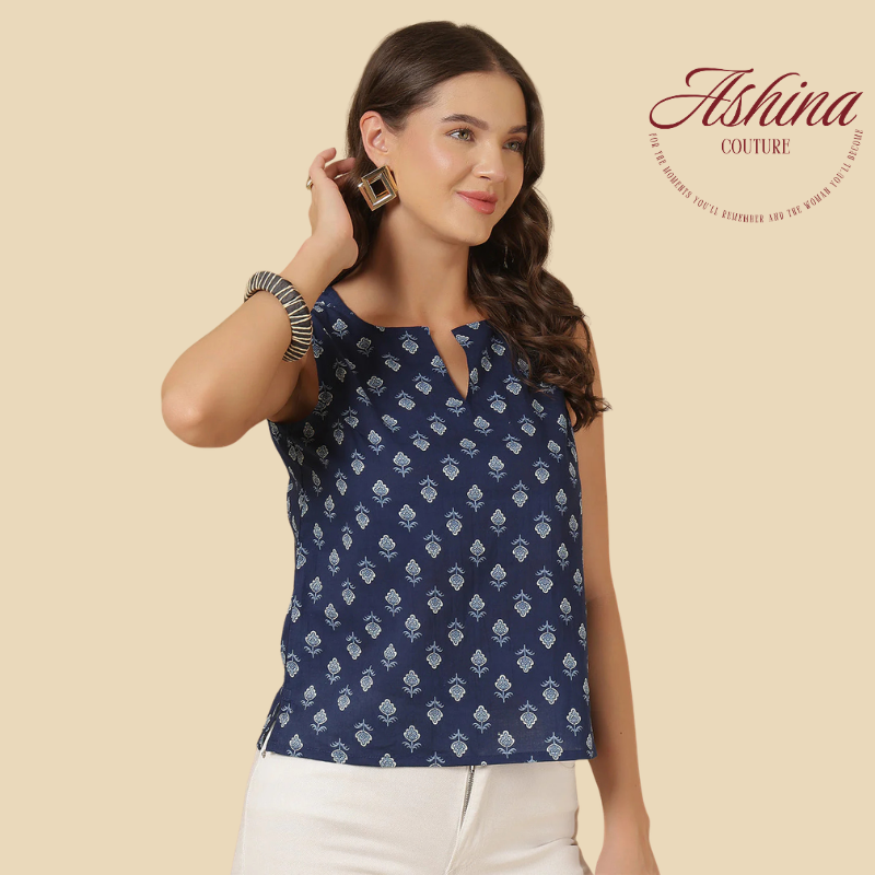 Blue Printed Straight Top, view 2