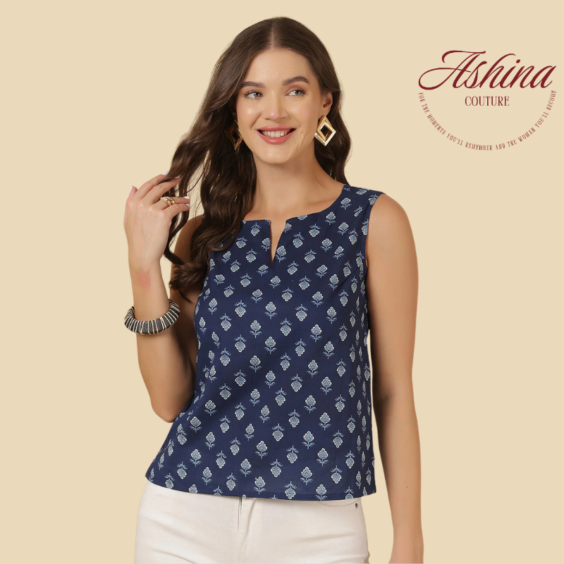 Blue Printed Straight Top, view 3
