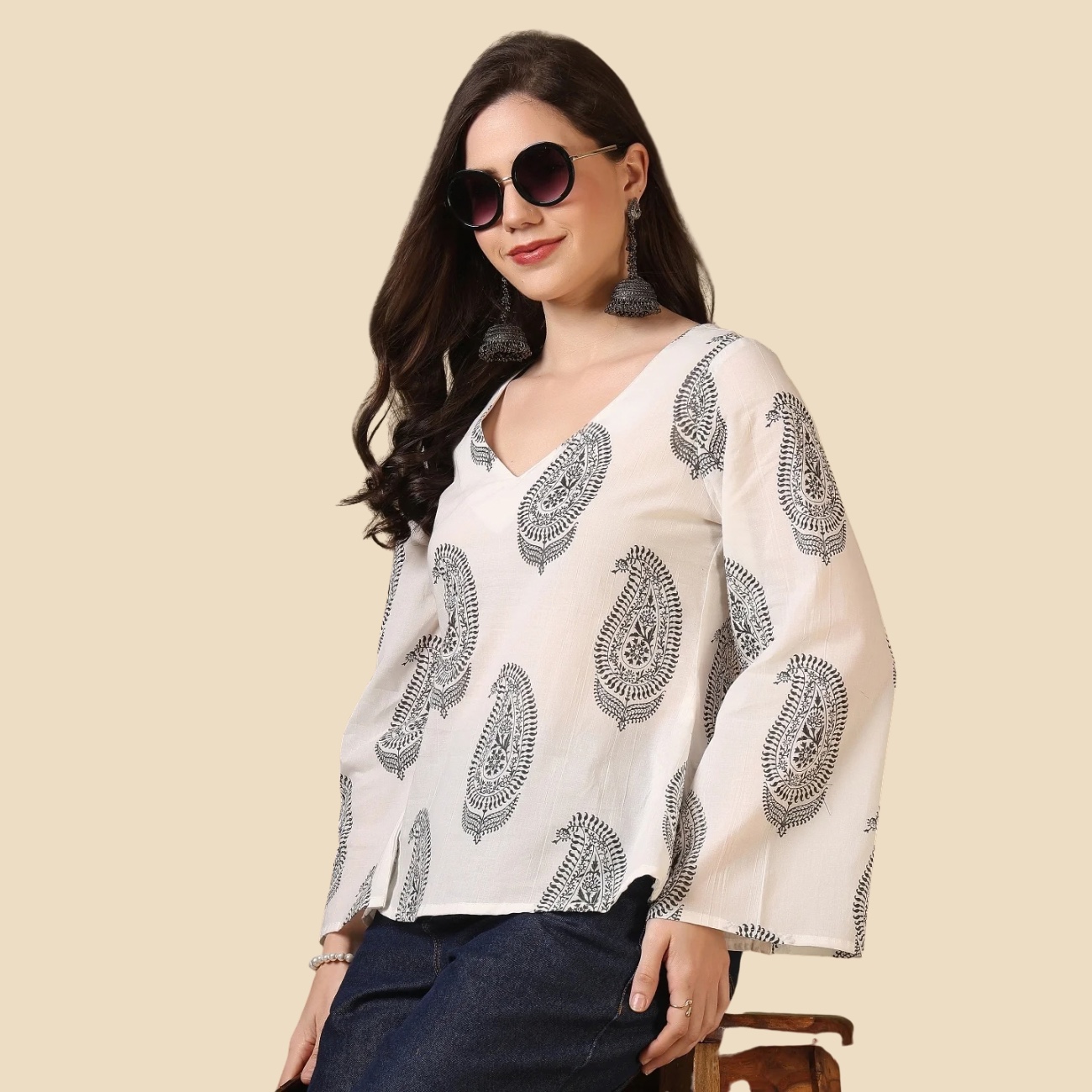 33 Printed Cotton Long Sleeves Top, view 2