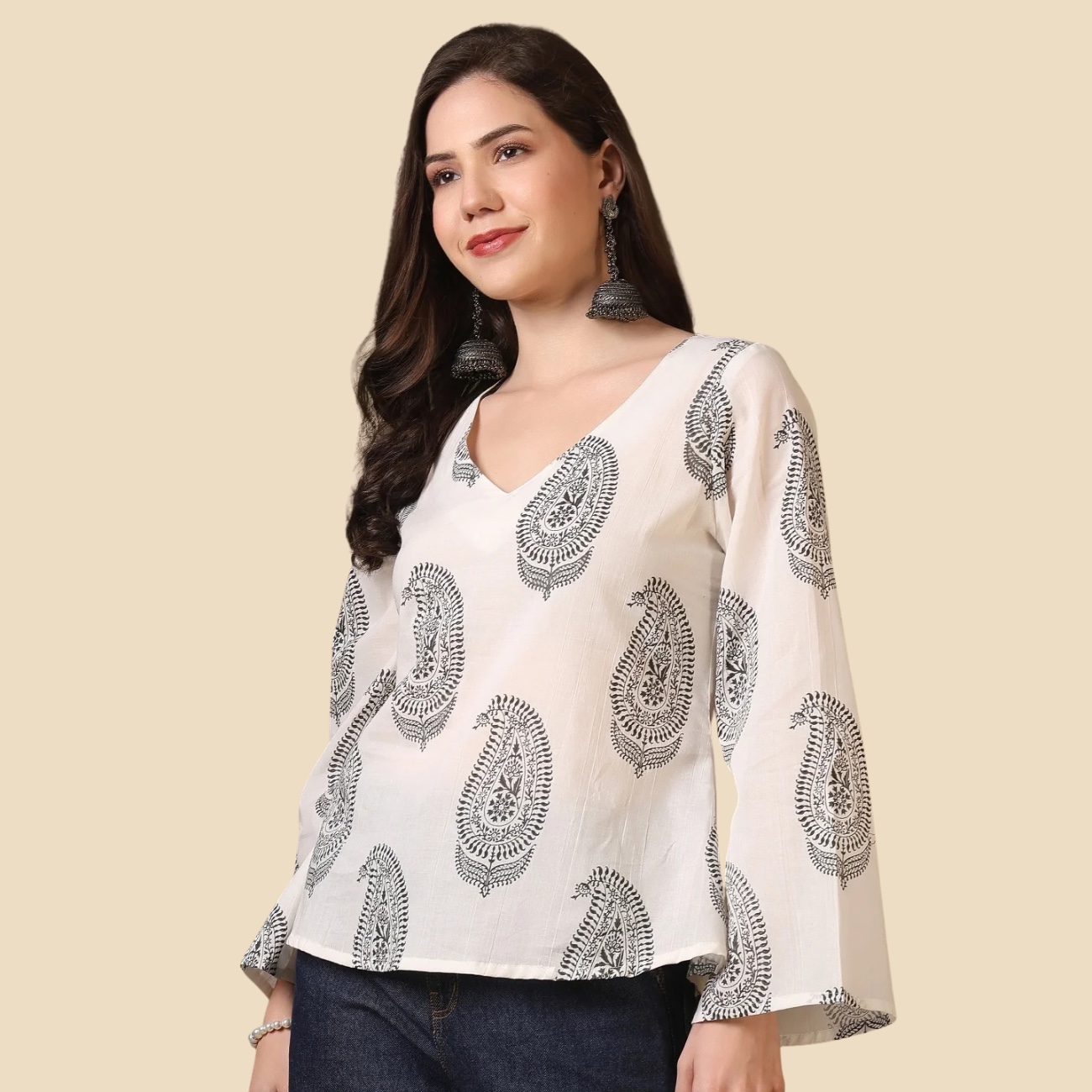 33 Printed Cotton Long Sleeves Top, view 3