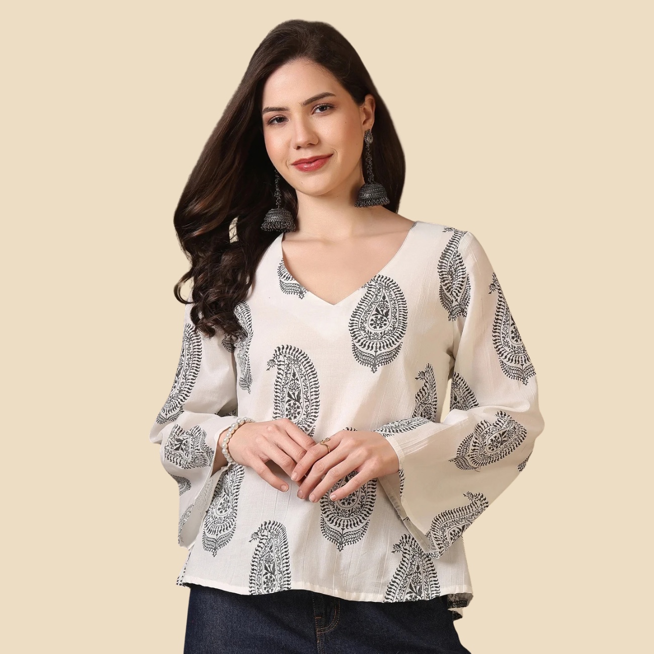 33 Printed Cotton Long Sleeves Top, view 5